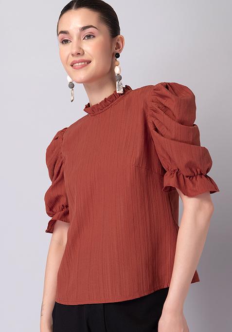 Rust Frilled Neck Puff Sleeve Blouse 