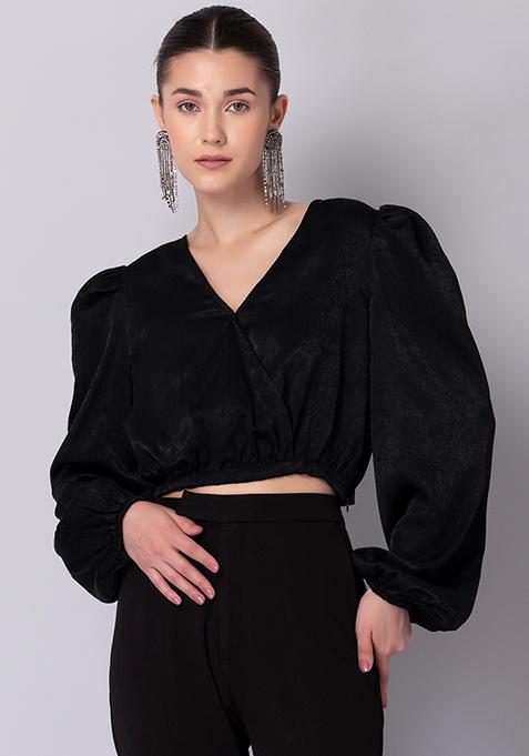 Buy Women Black Satin Puff Sleeve Wrap Crop Top - Trends Online India ...