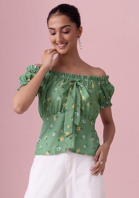 Green Floral Ruffled Front Knot Top 