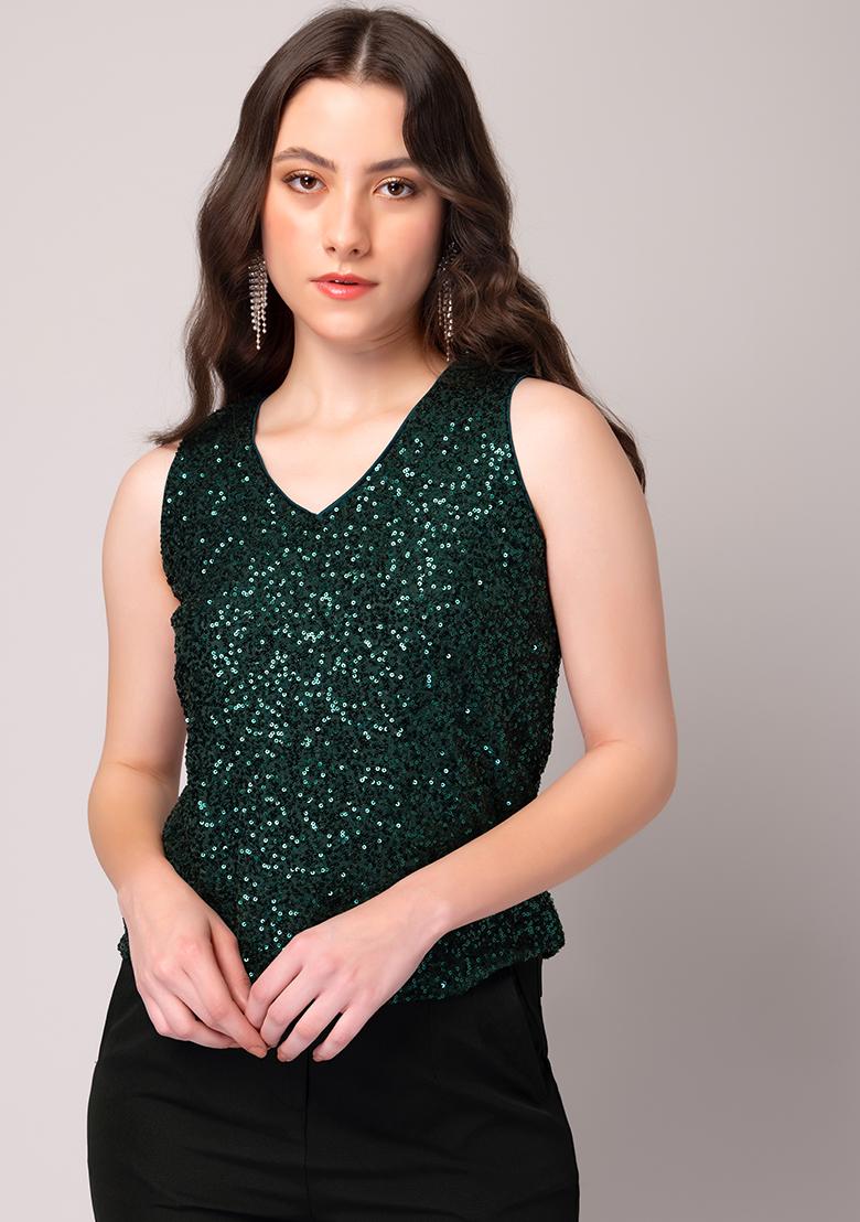 Buy Women Green Sequin Sleeveless Top LAST OF THE BEST Online India FabAlley