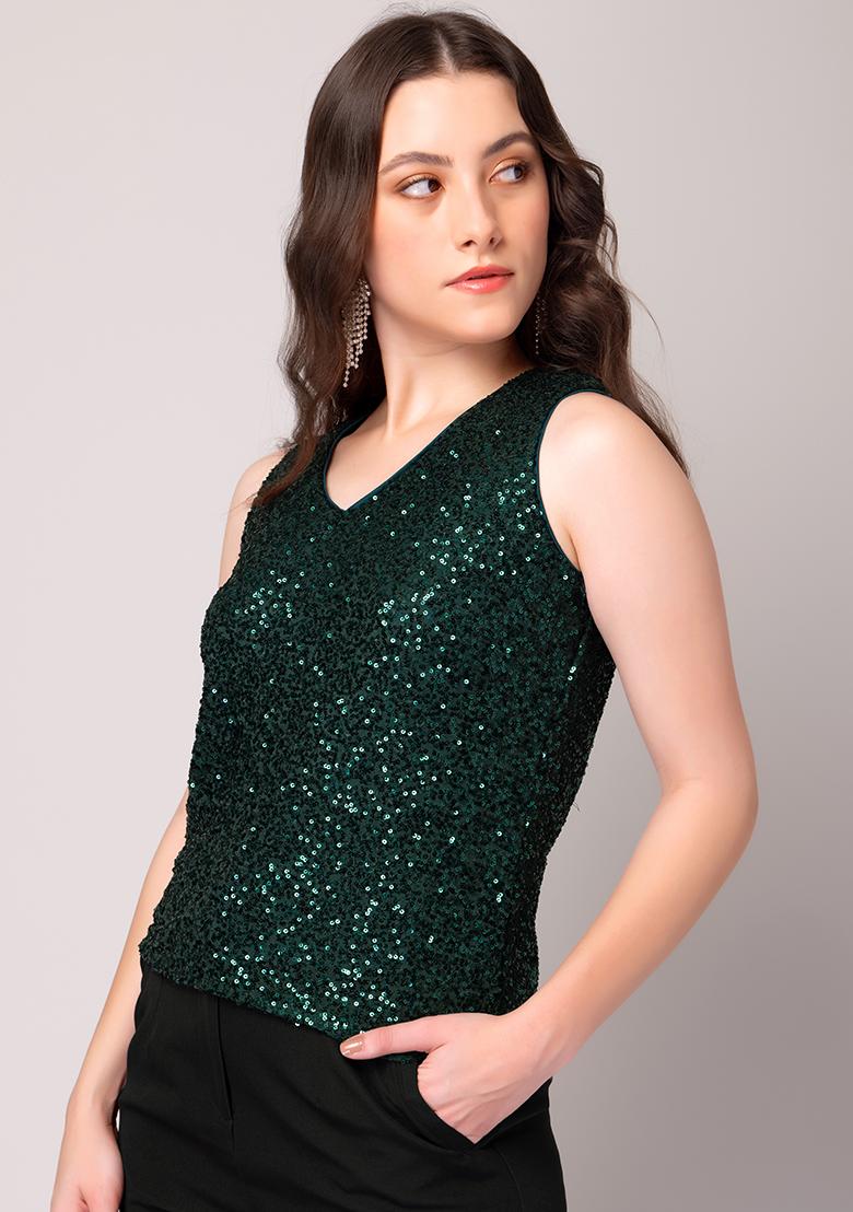Buy Women Green Sequin Sleeveless Top LAST OF THE BEST Online India FabAlley