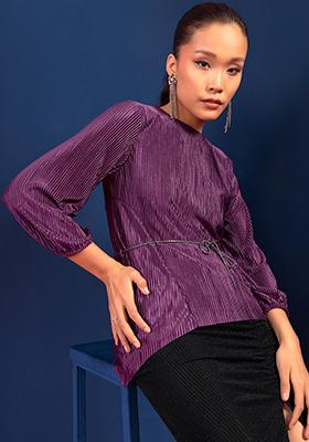 Purple Pleated Top With Embellished Belt 