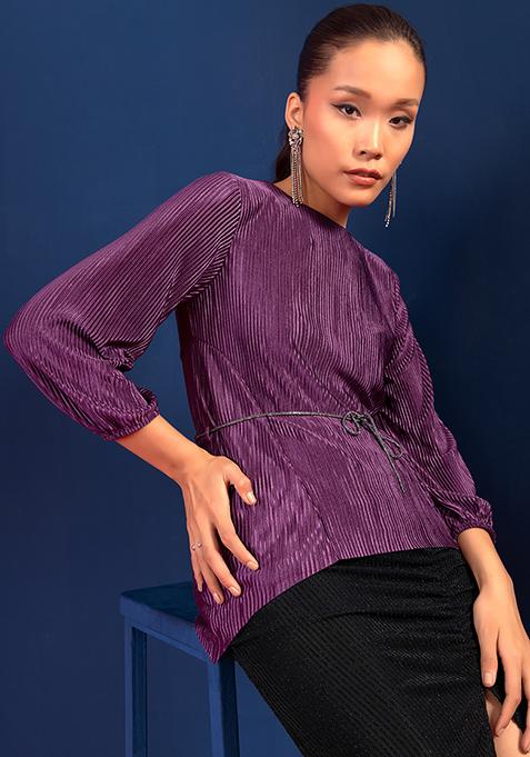 Purple Pleated Top With Embellished Belt 