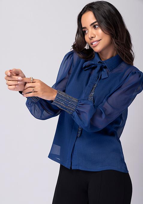 Blue Embellished Bow Collar Shirt 