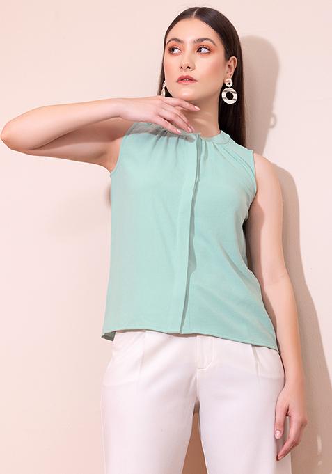 Green Gathered Sleeveless Blouse	