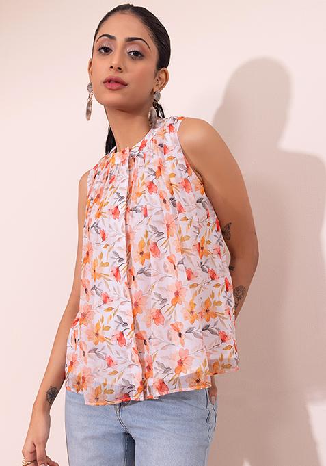 White Floral Print Gathered Sleeveless Blouse