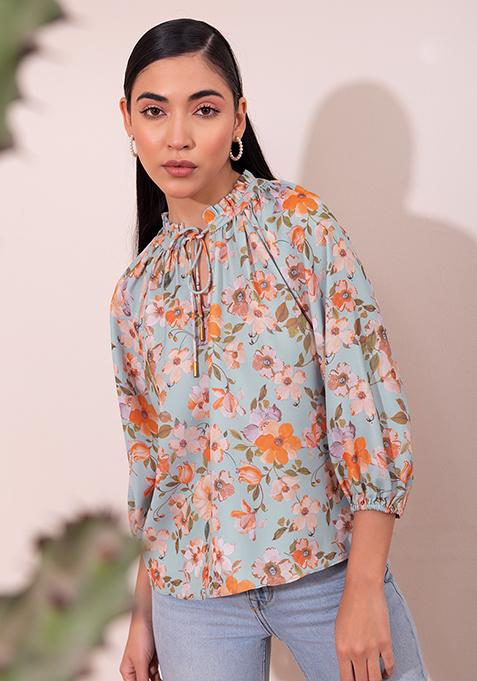 Blue Floral Print Neck Tie Blouse