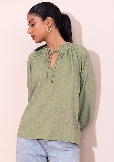 Light Green Blouse With Tie Up Neck