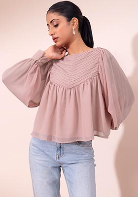 Dusty Pink Boat Neck Flared Blouse