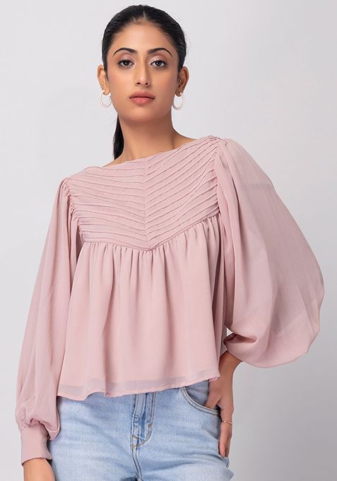 Buy Women Dusty Pink Boat Neck Flared Blouse - AW '23 Online India ...