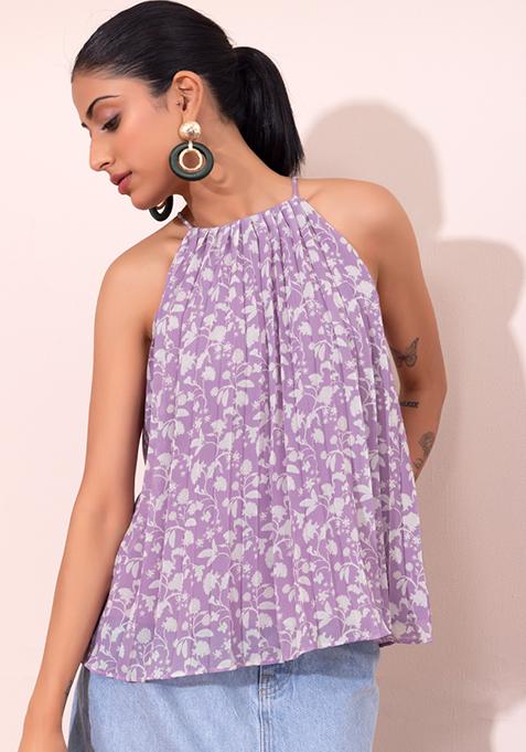 Lilac Floral Print Pleated Halter Neck Top