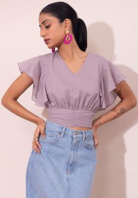 Lilac Ruffle Sleeve Ruched Crop Top