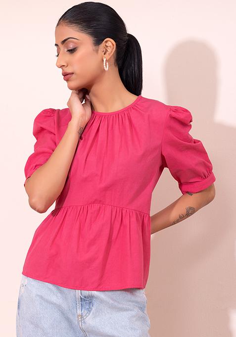 Hot Pink Puff Sleeve Peplum Top