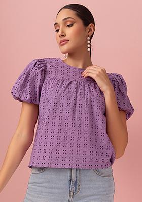 Lilac Puff Sleeve Schiffli Cotton Top