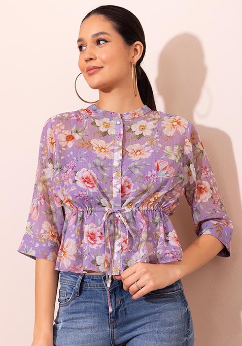 Lilac Floral Print Collared Peplum Top