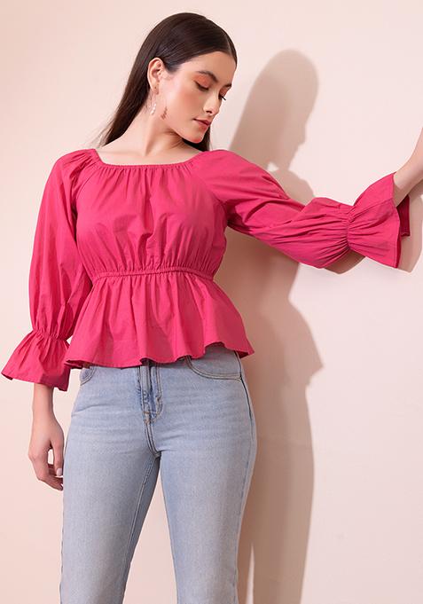 Hot Pink Off Shoulder Gathered Top