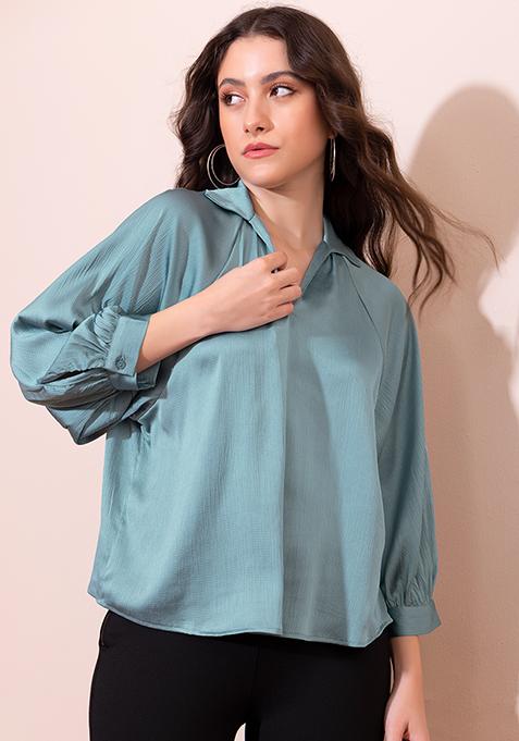 Blue Satin Collared Blouse 