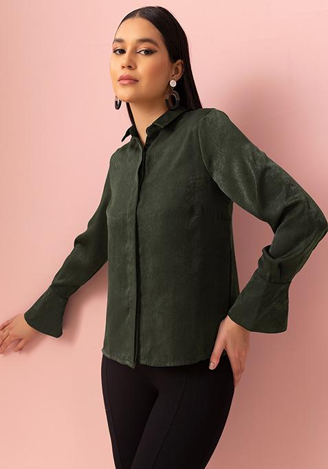 Dark Green Collared Satin Shirt