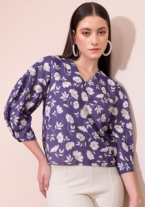 Purple Floral Print Puff Sleeve Blouse