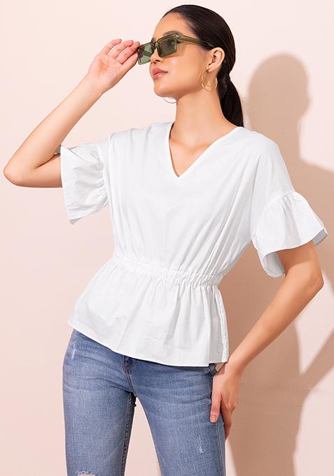 White Cotton Peplum Top