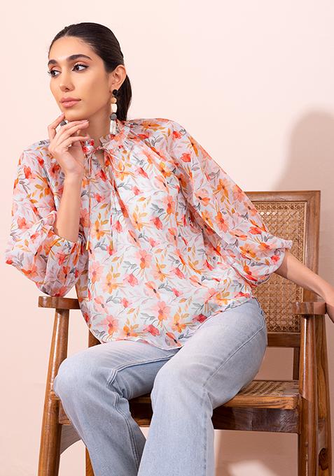 White Floral Print Neck Tie Blouse