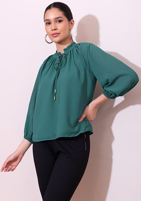 Teal Blue Neck Tie Raglan Sleeve Blouse 