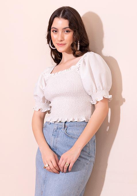 White Smocked Puff Sleeve Crop Top 