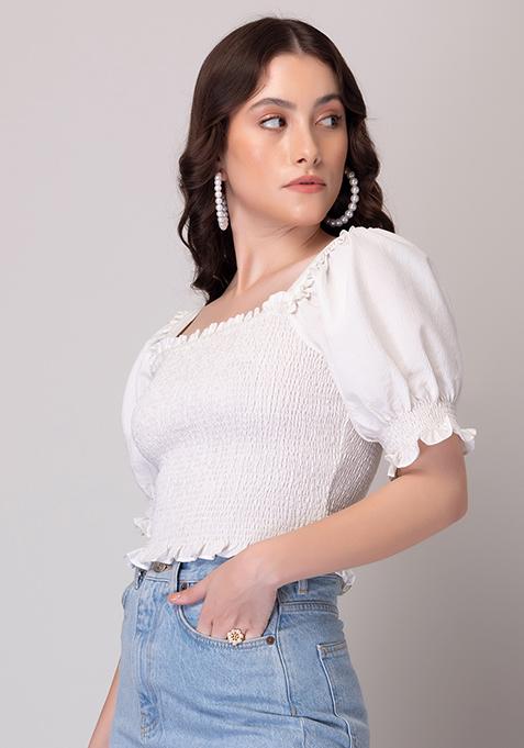 Buy Women White Smocked Puff Sleeve Crop Top - AW '23 Online India ...