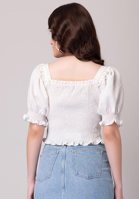 Buy Women White Smocked Puff Sleeve Crop Top - AW '23 Online India ...