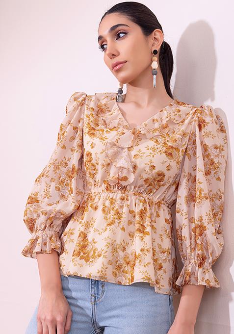 Yellow Floral Print Ruffle Neck Peplum Blouse 