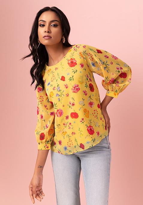 Yellow Floral Print Raglan Sleeve Blouse 