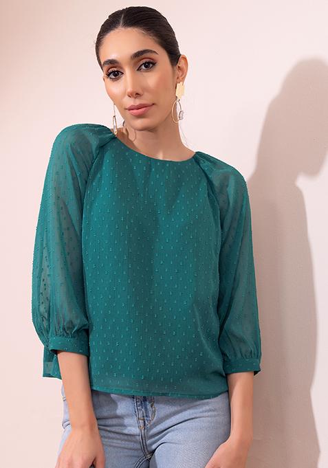 Teal Blue Swiss Dot Raglan Sleeve Blouse 