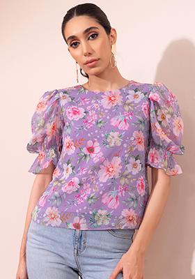 Lilac Floral Print Puff Sleeve Blouse With Camisole 