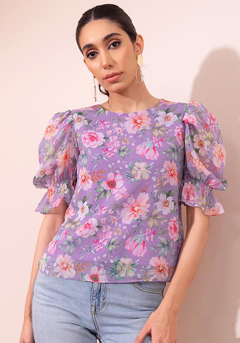 Lilac Floral Print Puff Sleeve Blouse With Camisole 