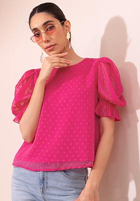 Hot Pink Swiss Dot Puff Sleeve Blouse With Camisole 