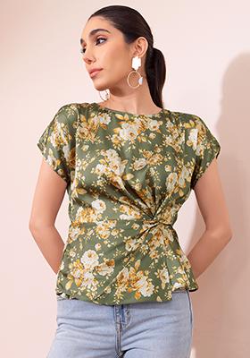 Light Green Floral Print Side Knot Blouse