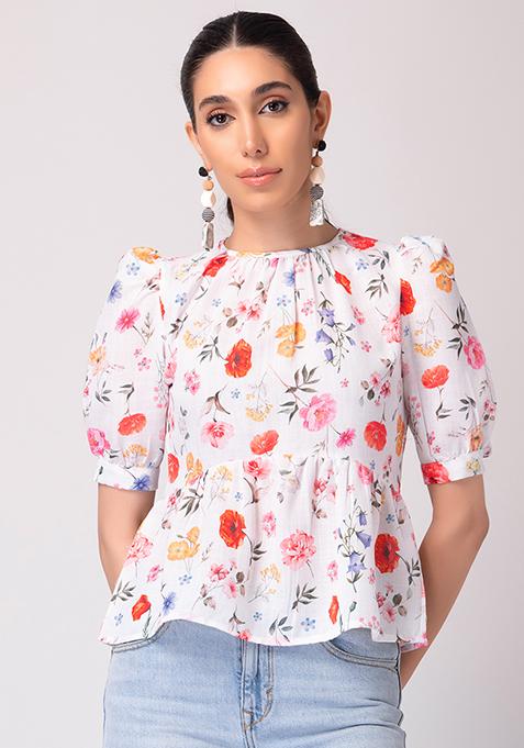 Buy Women White Floral Print Puff Sleeve Peplum Top - Peplum Tops ...