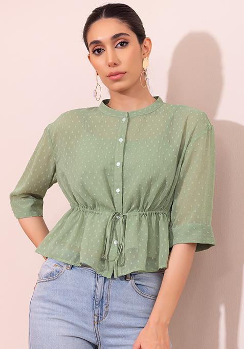 Light Green Swiss Dot Waist Tie Up Blouse