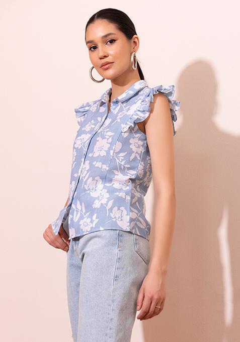 Blue And White Floral Print Top