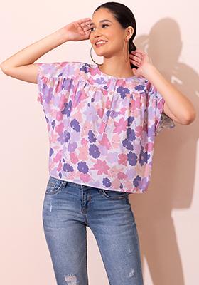 Peach And Purple Floral Print Top