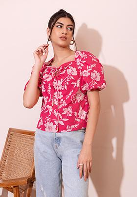 Hot Pink Floral Print Puff Sleeve Cotton Top