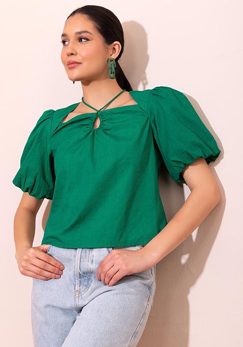 Green Puff Sleeve Poplin Top