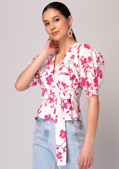 Buy Women White And Pink Floral Print Side Tie Poplin Top - Honeymoon ...