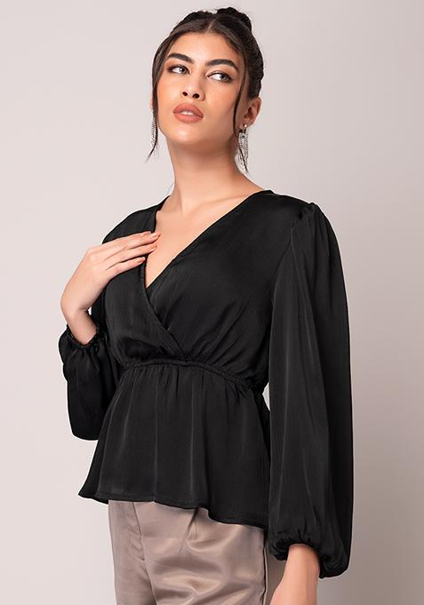 Buy Women Black V Neck Elasticated Sleeve Blouse - Honeymoon Dress ...