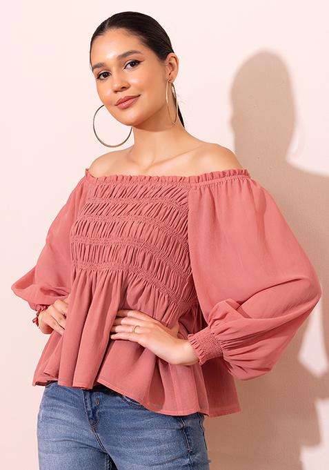 Peach Off Shoulder Smocked Peplum Top