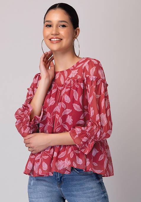 Buy Women Red Floral Print Peplum Top - AW '23 Online India - FabAlley
