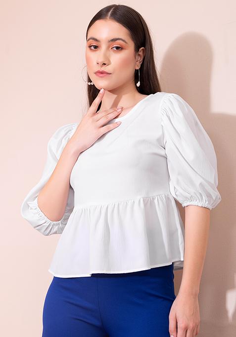 White Textured Puff Sleeve Peplum Top