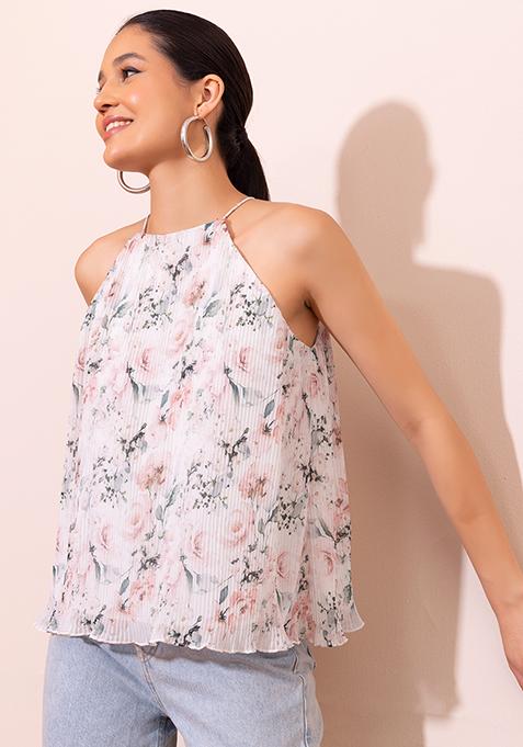 White Floral Print Halter Neck Top