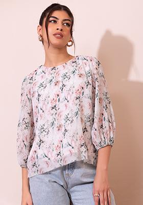 White Floral Print Pleated Blouse