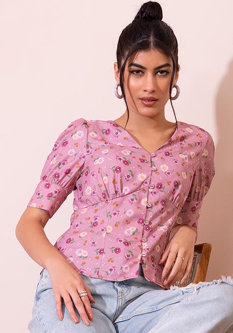 Pink Floral Print Front Button Blouse